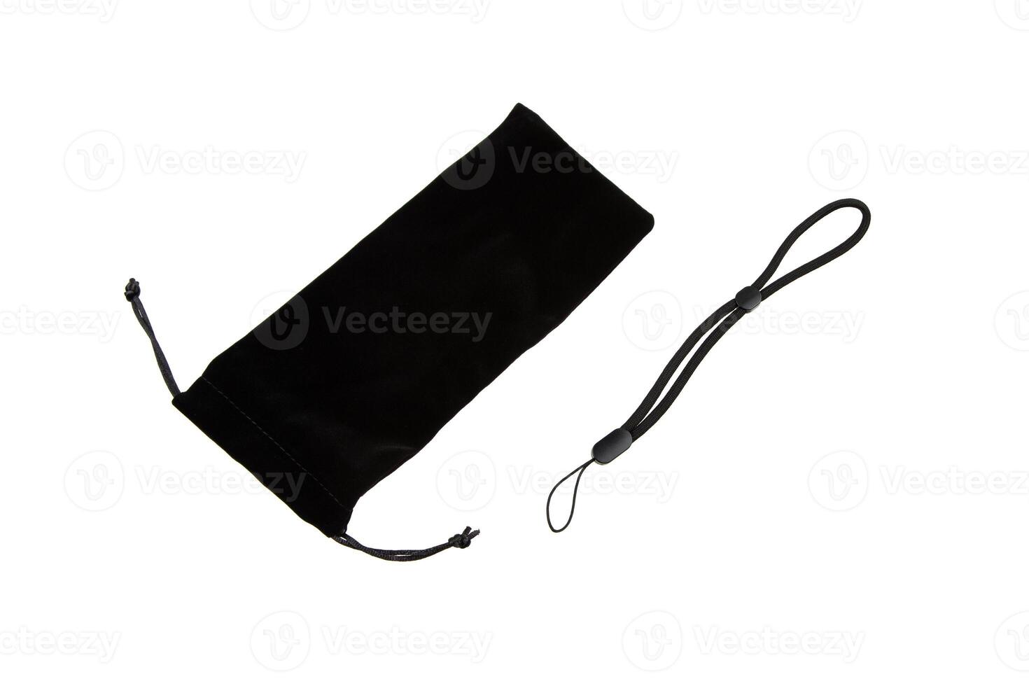 Black drawstring pouch and wrist strap, isolated on a white background, suitable for storing small items or accessories photo