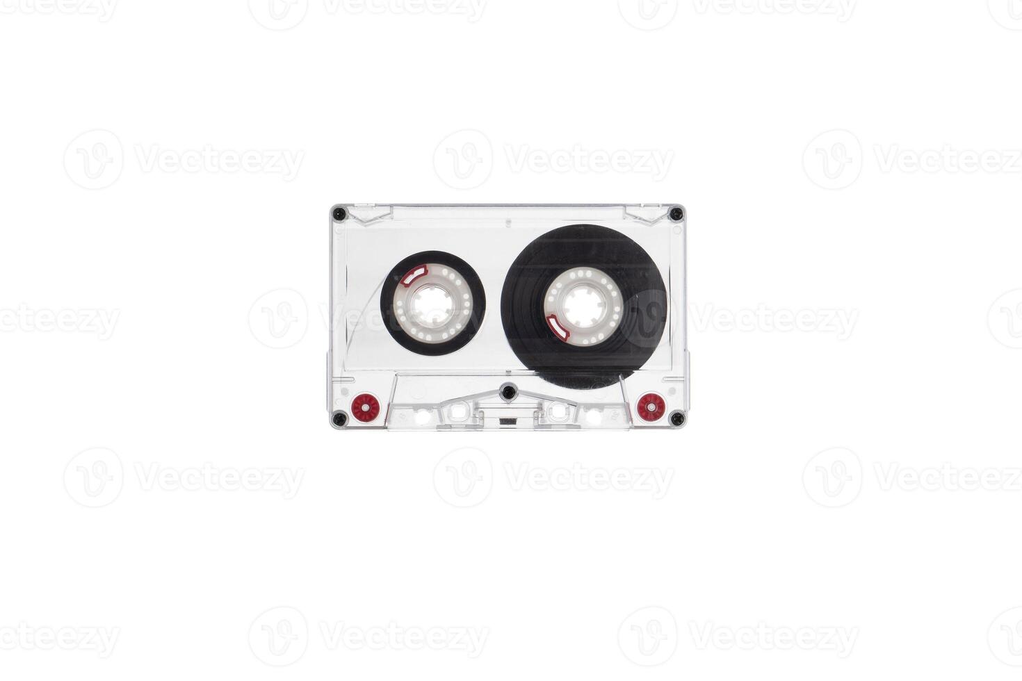 Close-up of an audio cassette with a sticker without text. Analog storage medium. Cassettes for audio recordings and music. photo