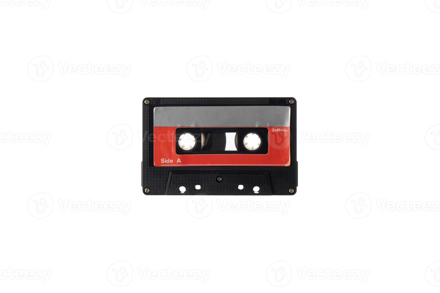 Close-up of an audio cassette with a sticker without text. Analog storage medium. Cassettes for audio recordings and music. photo