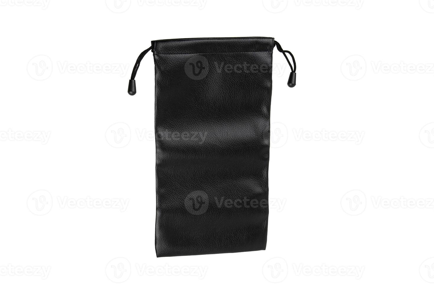 Black leather drawstring pouch, ideal for storing small items, featuring a sleek and elegant design with a textured surface and secure closure photo