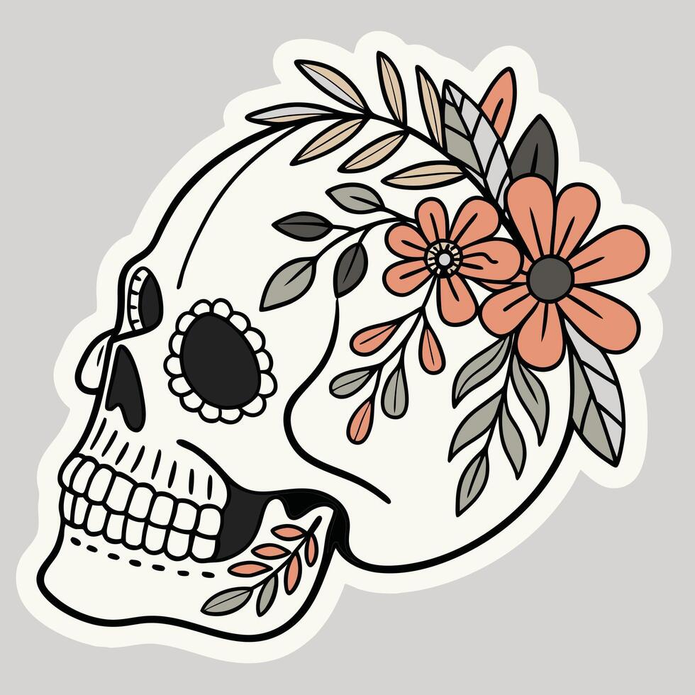 boho-skull-flower-sticker-white-border with grey vector