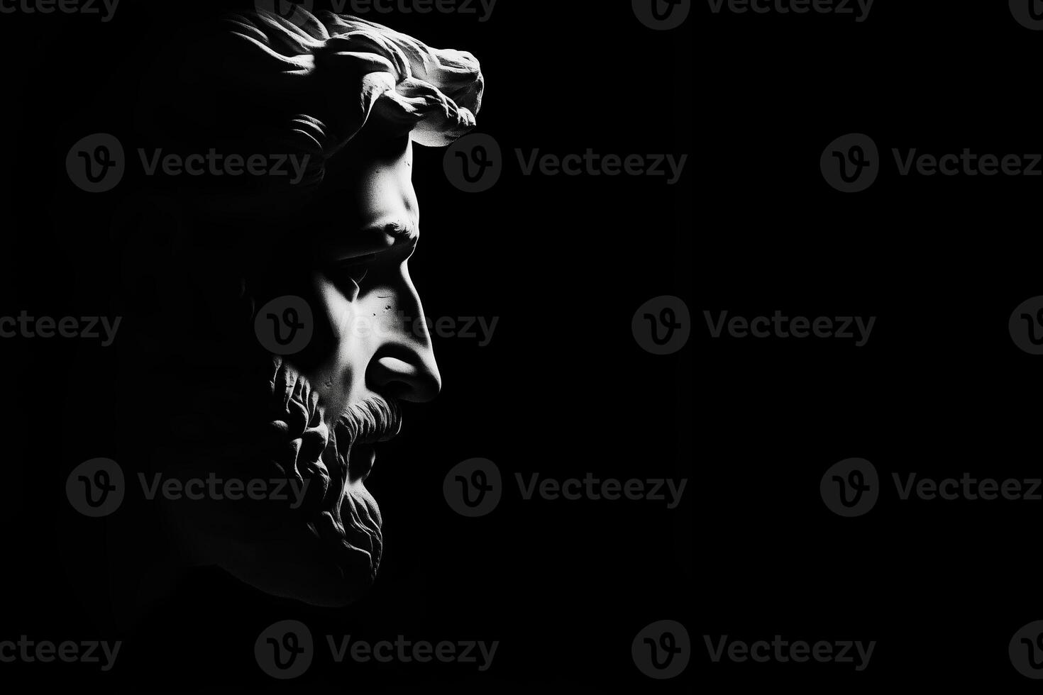 A dramatic black and white close-up of a classical statue's profile, showcasing intricate details of the beard and hair, set against a dark background. photo