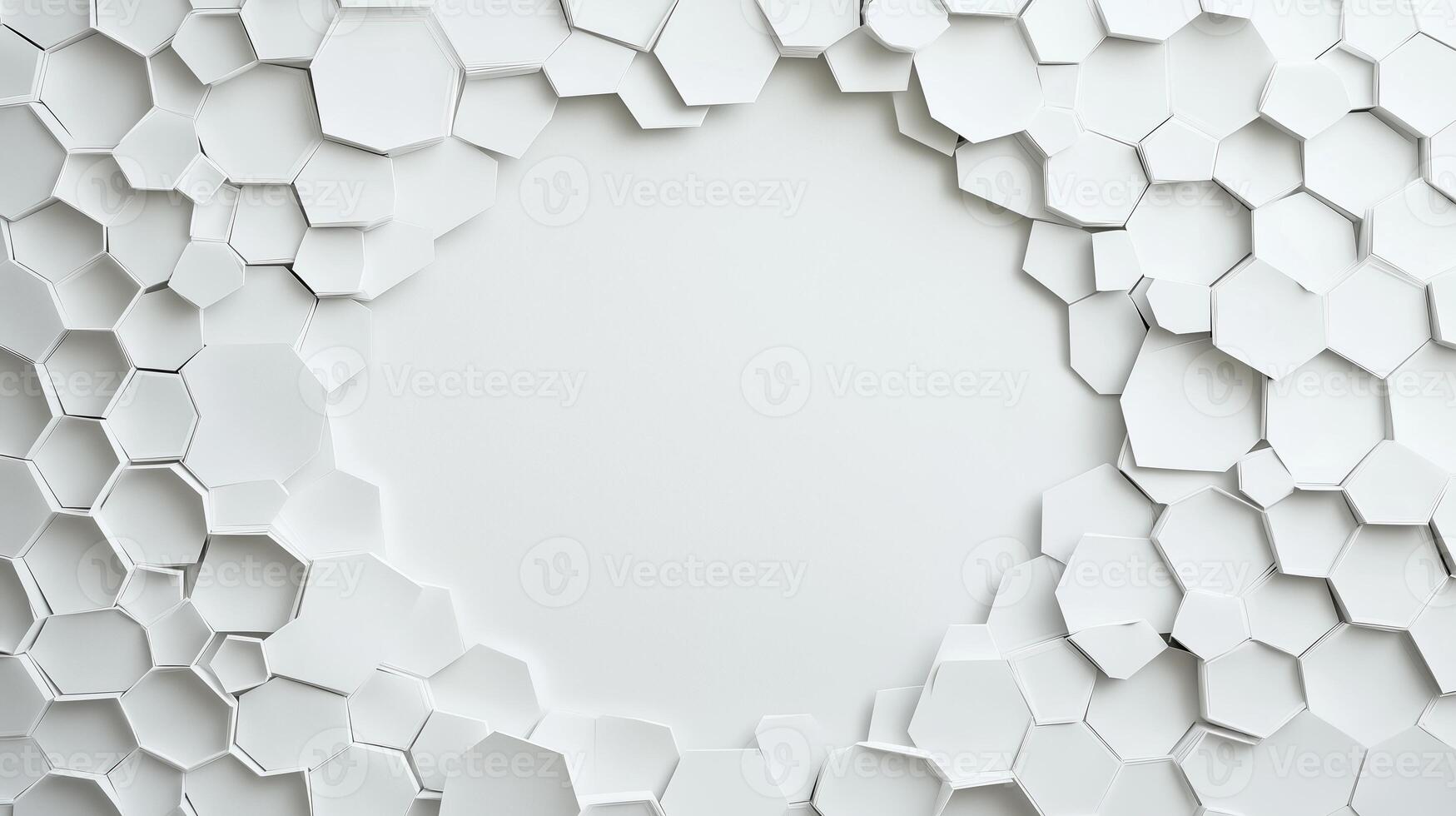 A white abstract design with a white circle in the middle. The circle is surrounded by hexagonal shapes. photo