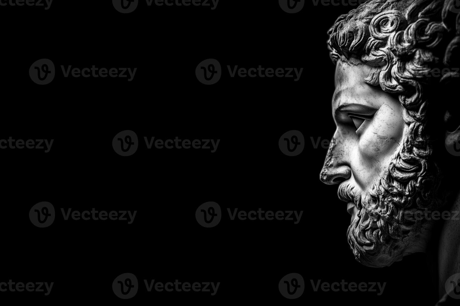 A dramatic black and white close-up of a classical statue's profile, showcasing intricate details of the beard and hair, set against a dark background. photo