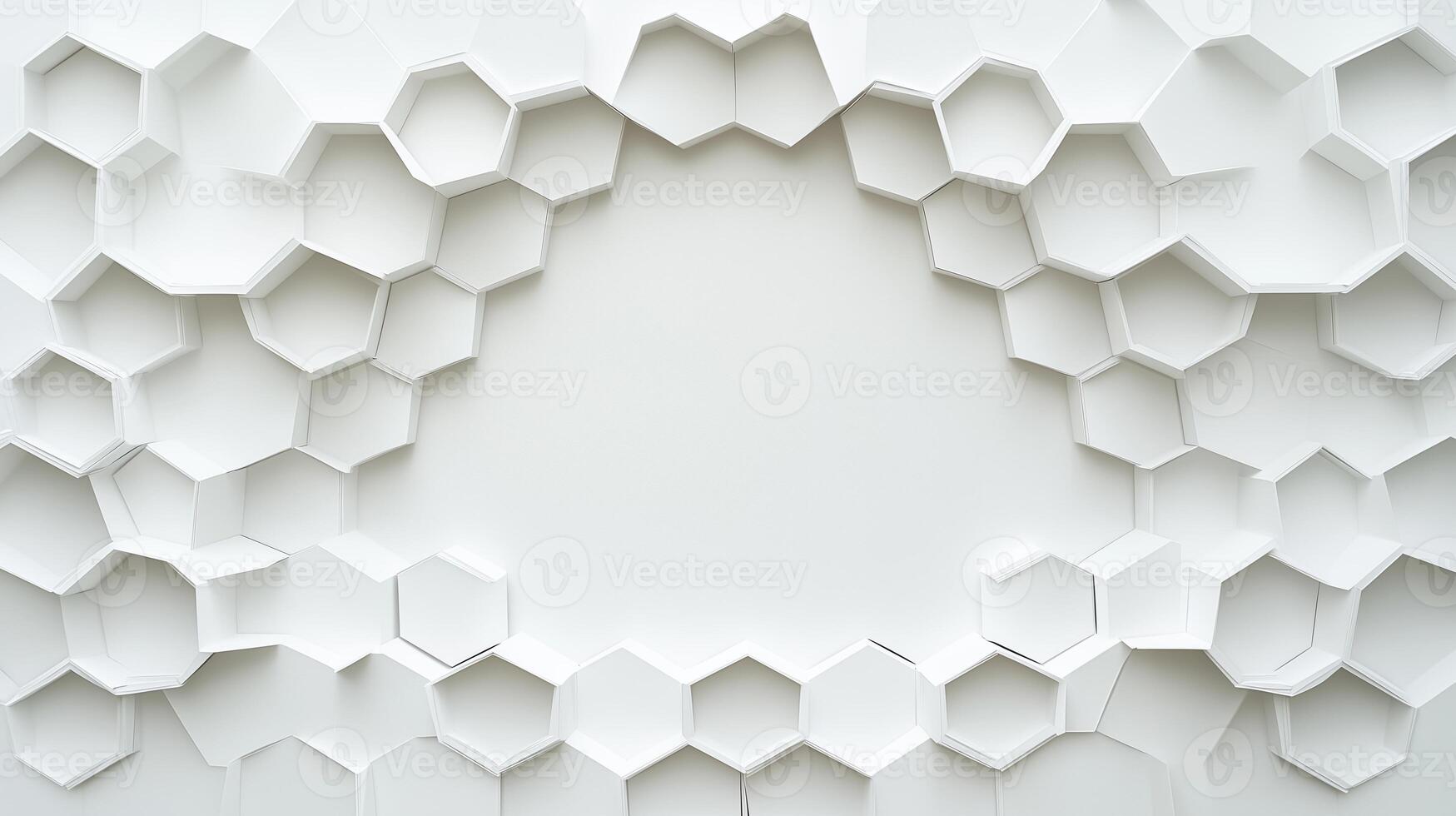 A white abstract design with a white circle in the middle. The circle is surrounded by hexagonal shapes. photo