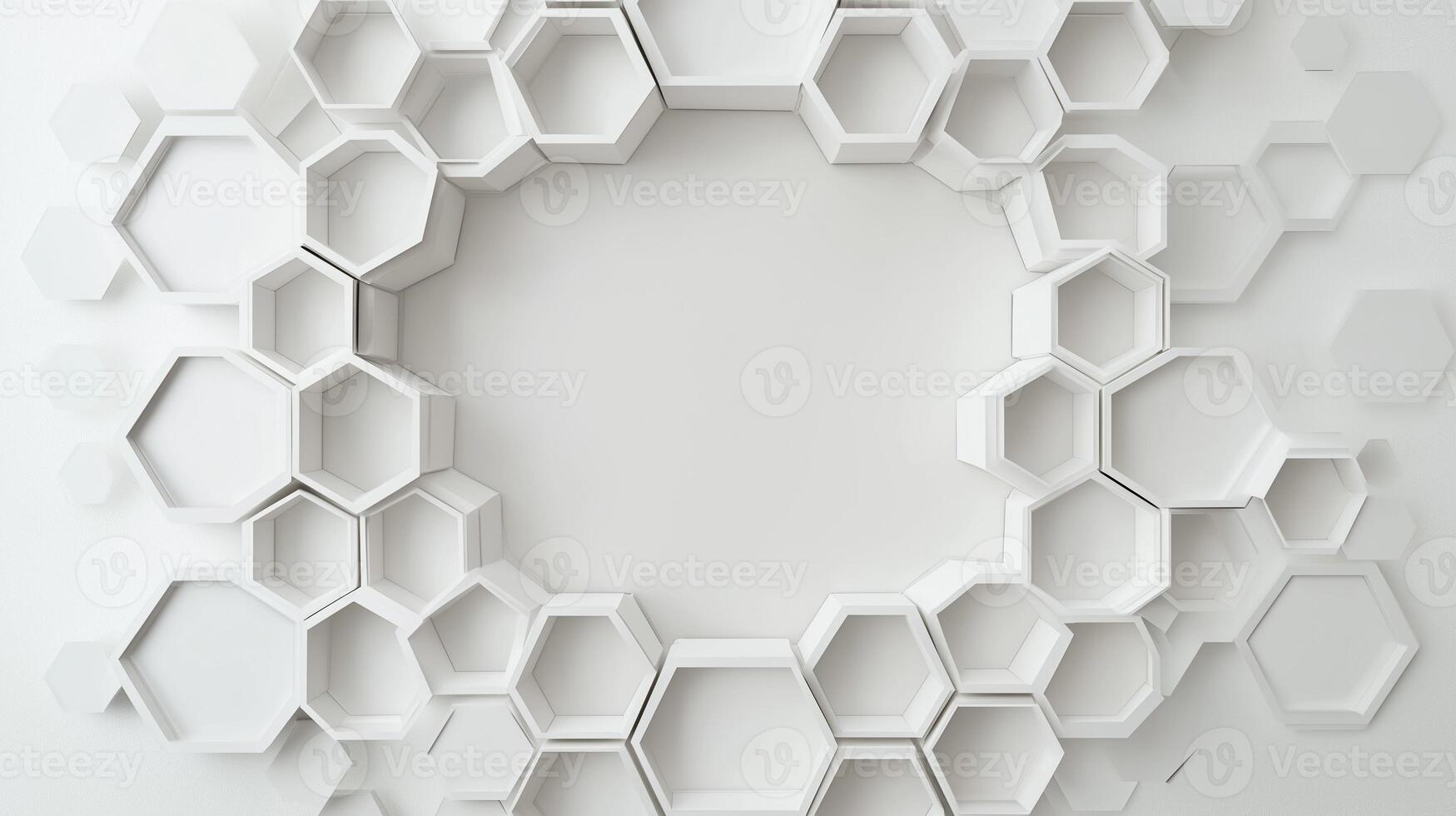 A white abstract design with a white circle in the middle. The circle is surrounded by hexagonal shapes. photo