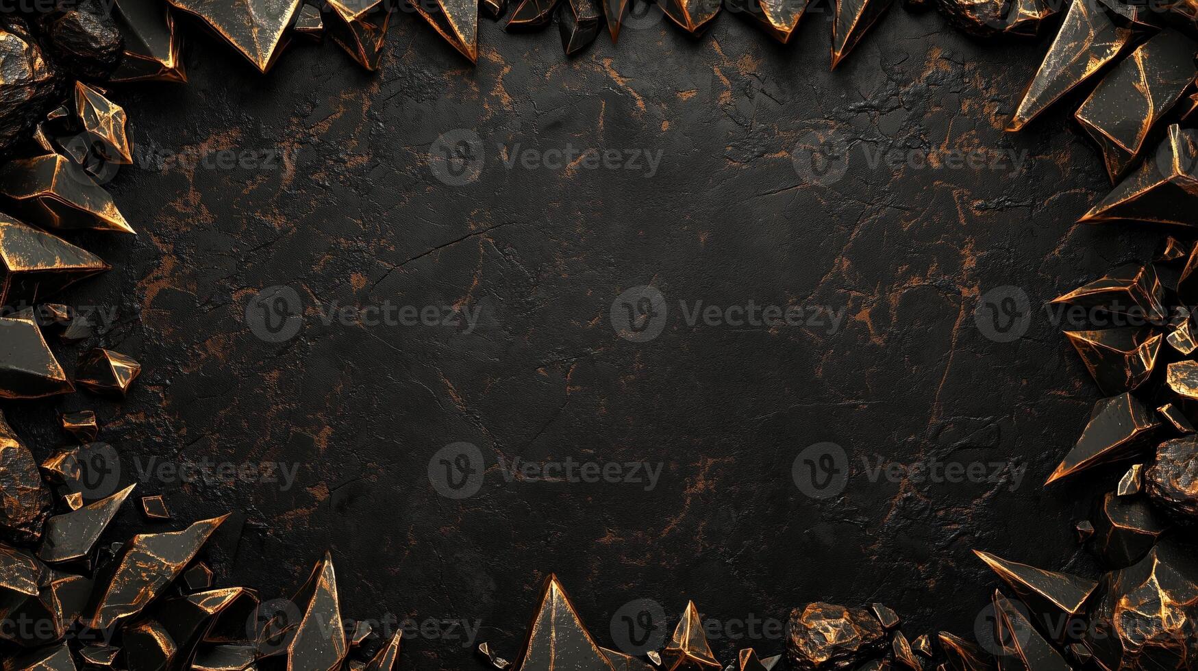 Dark and dramatic fantasy background featuring sharp, jagged black rocks with metallic gold accents, creating a luxurious and mystical atmosphere, perfect for game design, posters, or digital art photo