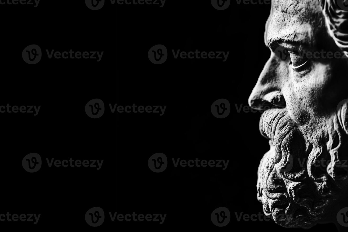A dramatic black and white close-up of a classical statue's profile, showcasing intricate details of the beard and hair, set against a dark background. photo