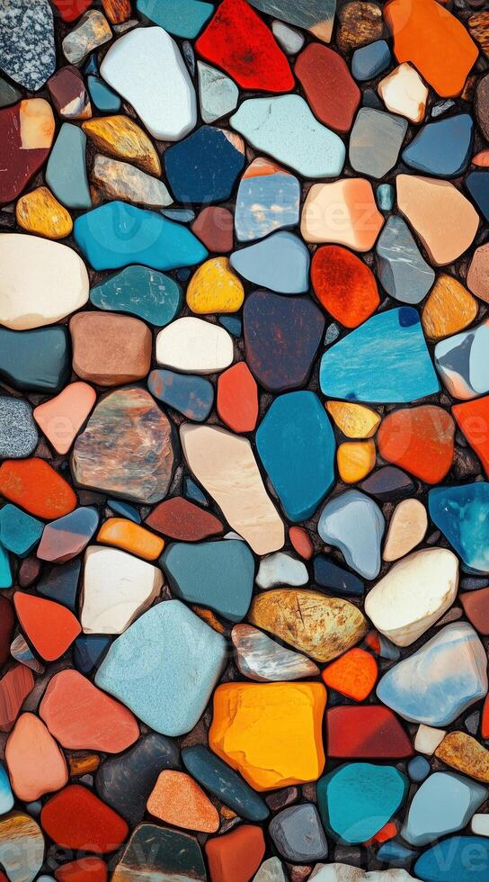 Colorful smooth pebbles tightly packed, creating a vibrant mosaic pattern. Multicolored background. photo