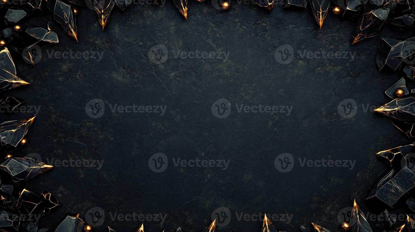 Dark and dramatic fantasy background featuring sharp, jagged black rocks with metallic gold accents, creating a luxurious and mystical atmosphere, perfect for game design, posters, or digital art photo