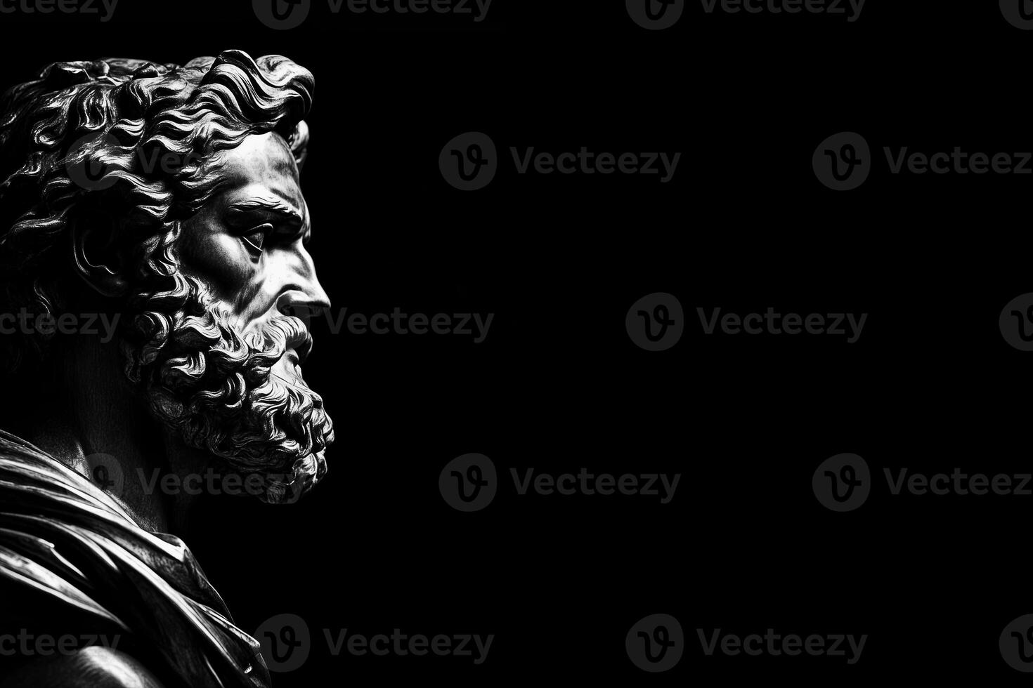 A dramatic black and white close-up of a classical statue's profile, showcasing intricate details of the beard and hair, set against a dark background. photo