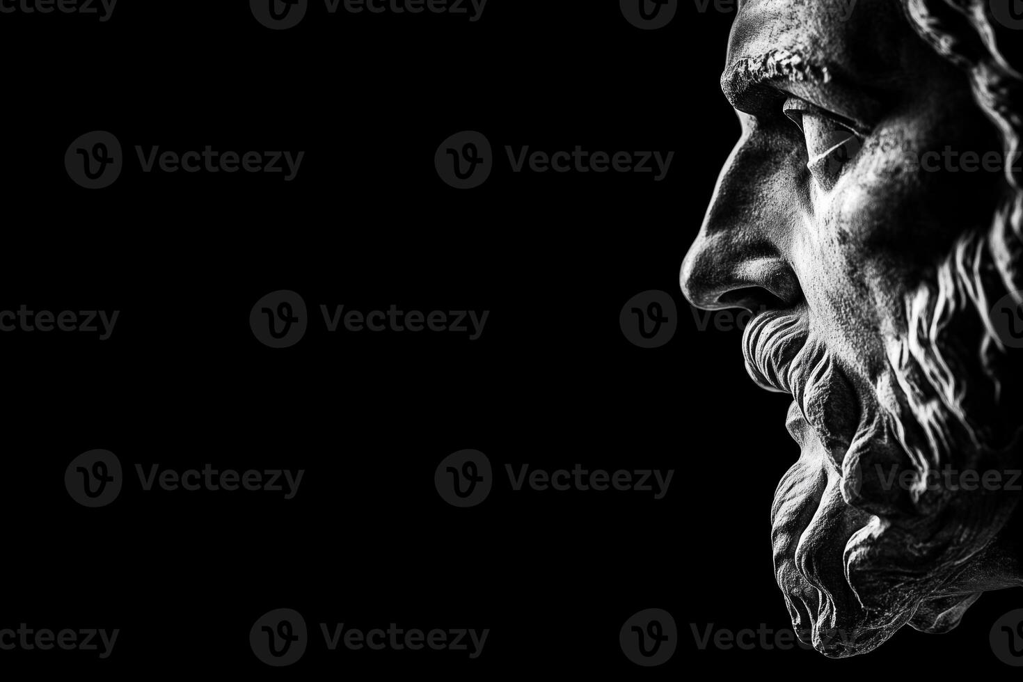 A dramatic black and white close-up of a classical statue's profile, showcasing intricate details of the beard and hair, set against a dark background. photo