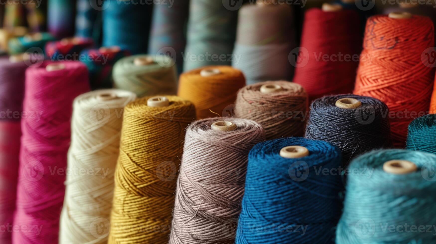 Multicolored yarn spools used in textile industry. Set of colored threads for sewing on coils. Pile of big colorful spools of thread. Colored thread spools of thread large class, textiles, back photo