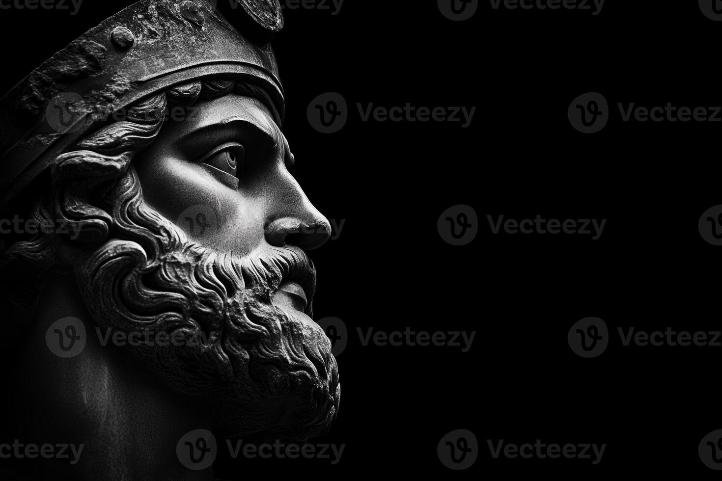 A dramatic black and white close-up of a classical statue's profile, showcasing intricate details of the beard and hair, set against a dark background. photo