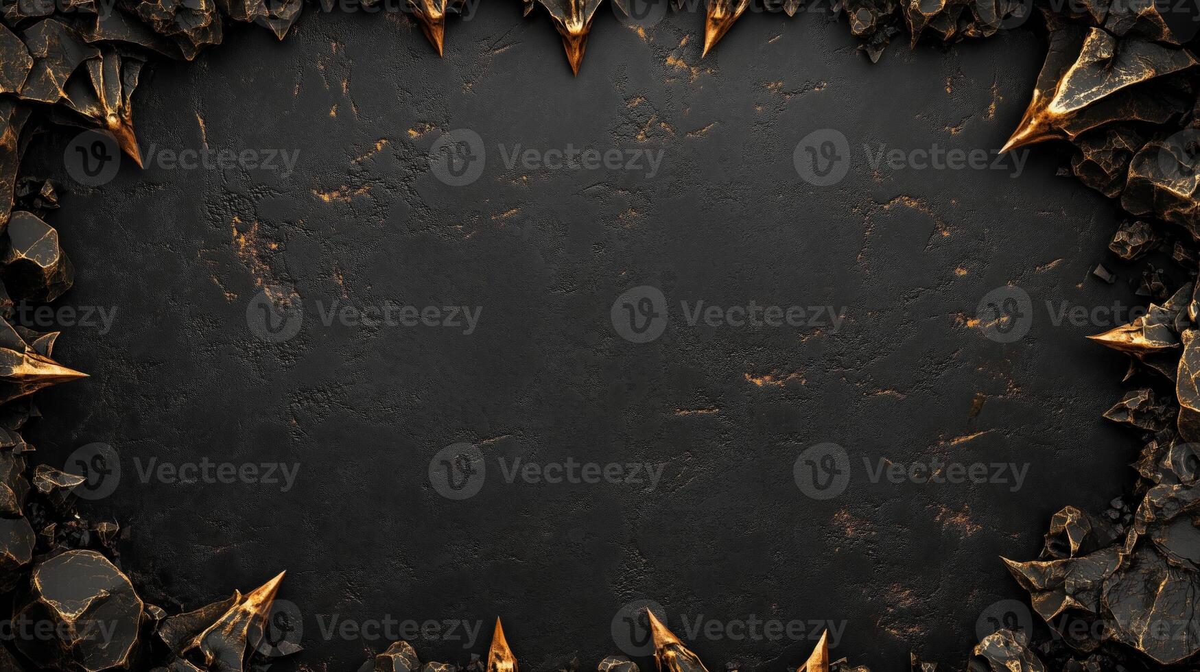 Dark and dramatic fantasy background featuring sharp, jagged black rocks with metallic gold accents, creating a luxurious and mystical atmosphere, perfect for game design, posters, or digital art photo