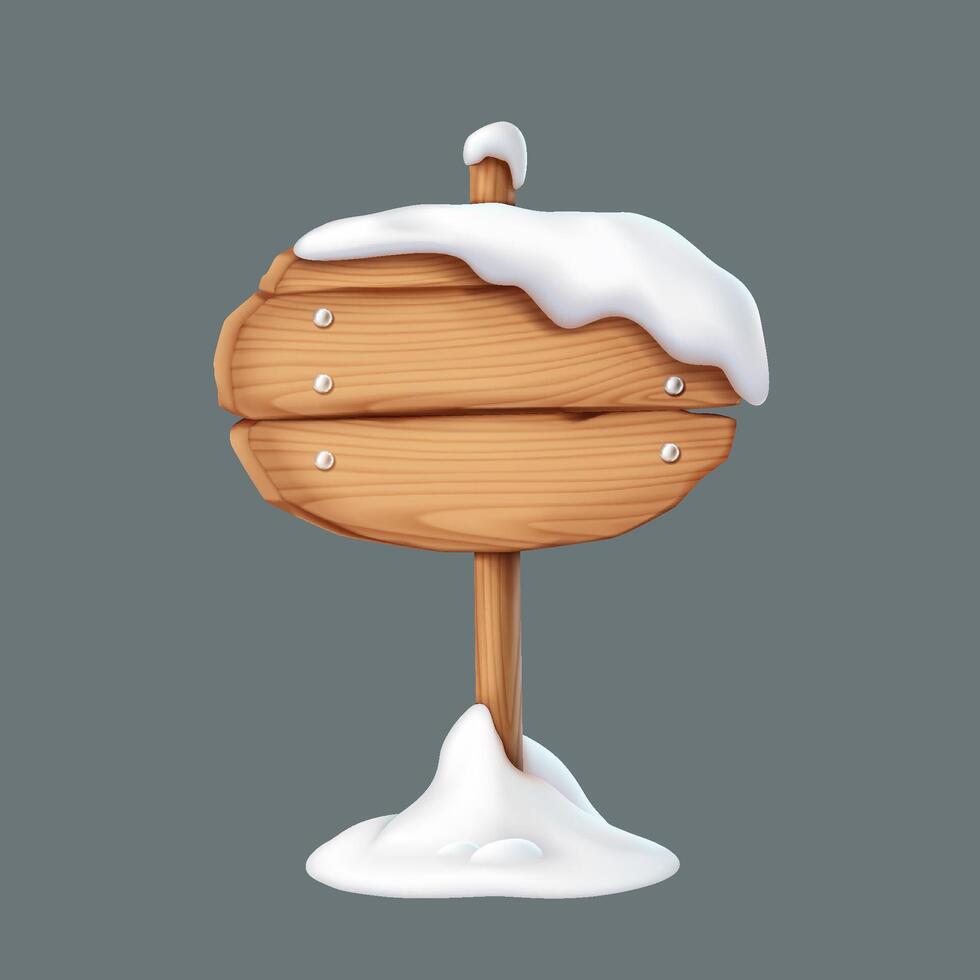 Snow covering blank wooden signpost realistic illustration. Christmas holiday weather conditions 3d object on grey background vector
