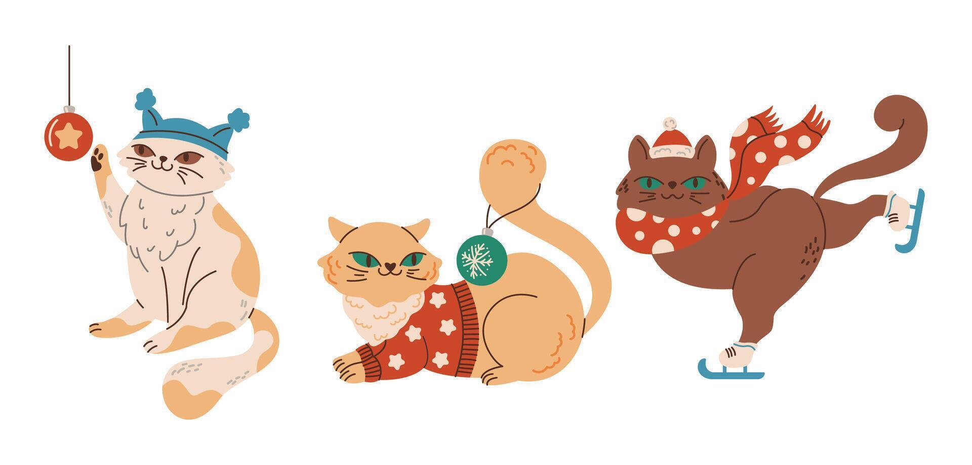 Playful cats celebrate New Year flat color characters set. Dressed up pets on winter holidays illustrations bundle on white background vector