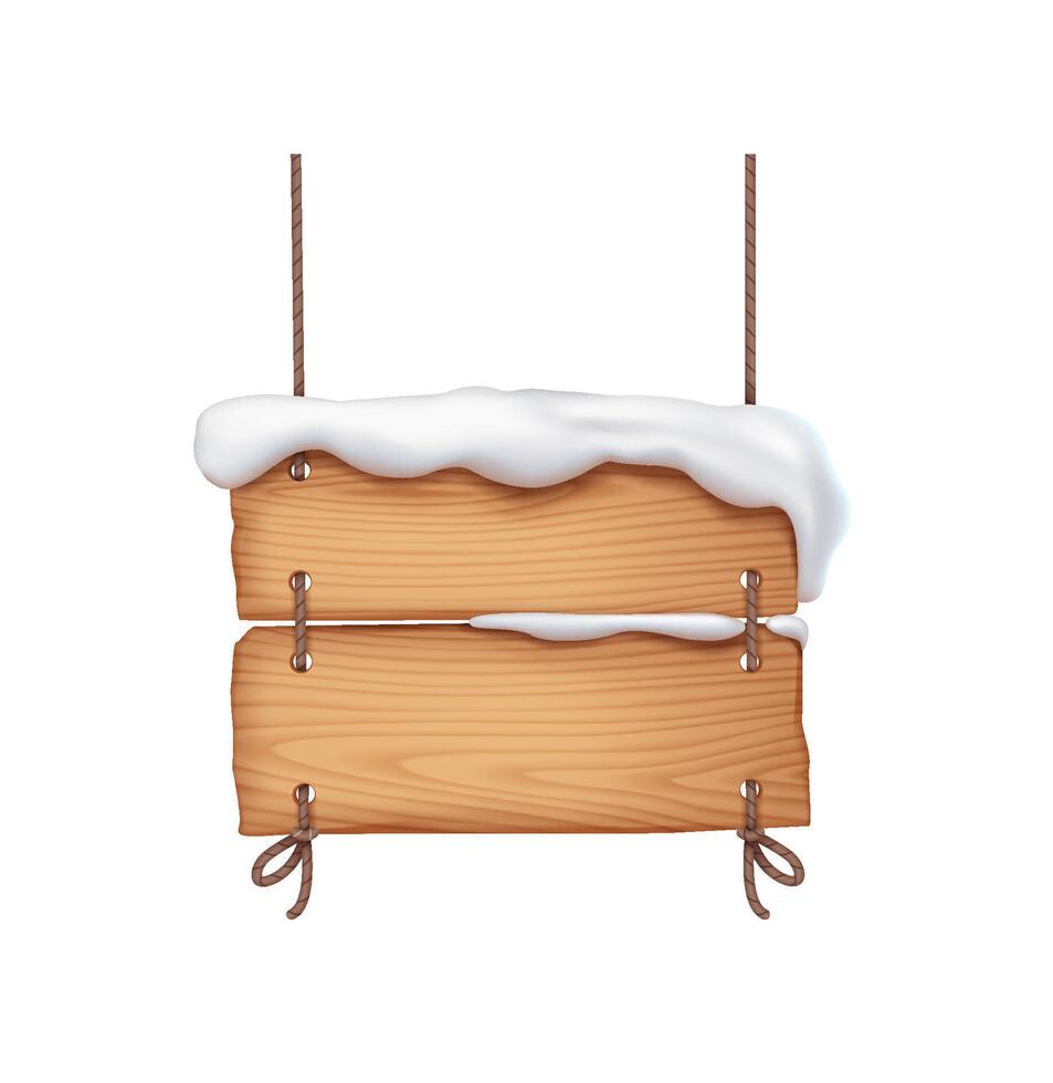 Board signpost covered with snow cap hanging on ropes realistic illustration. Rustic wintry backdrop for announcements 3d object on white vector
