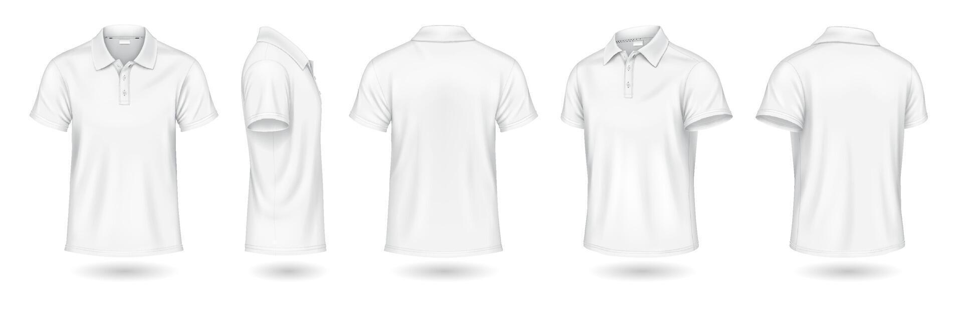 Versatile white polo shirts mockup design realistic illustration set. Casual attire with copy space 3d models on white background vector