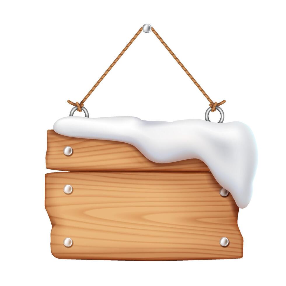 Wooden signpost with snow cap hanging on rope realistic illustration. Winter and Christmas season announcement 3d object on white background vector