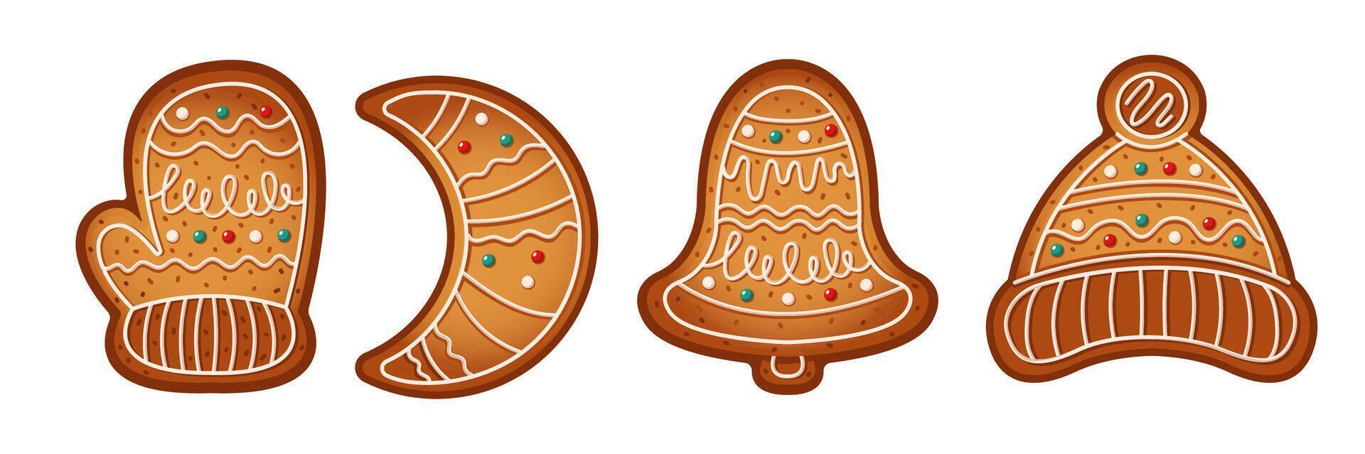 Christmas gingerbreads for holiday color objects set. Mitten moon bell and hat shaped cookies illustrations bundle on white background vector