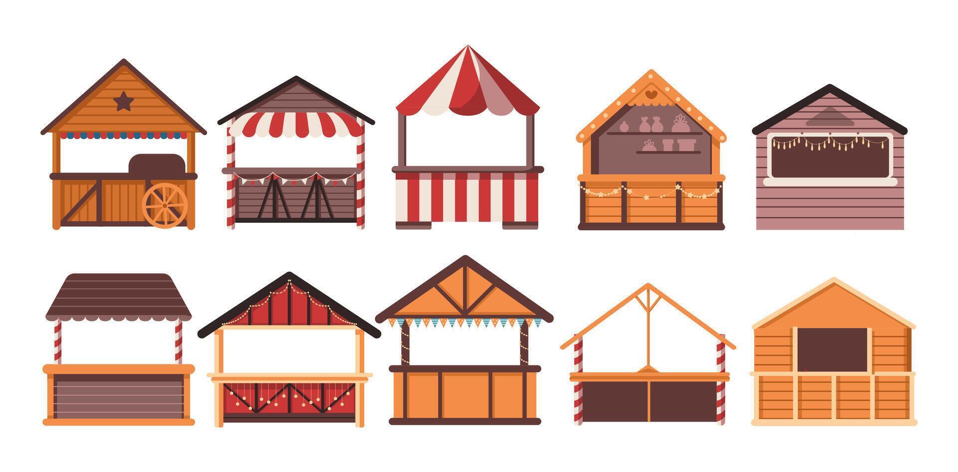Festive winter fair wooden stalls models flat color objects set. Christmas season market kiosks illustrations bundle on white background vector