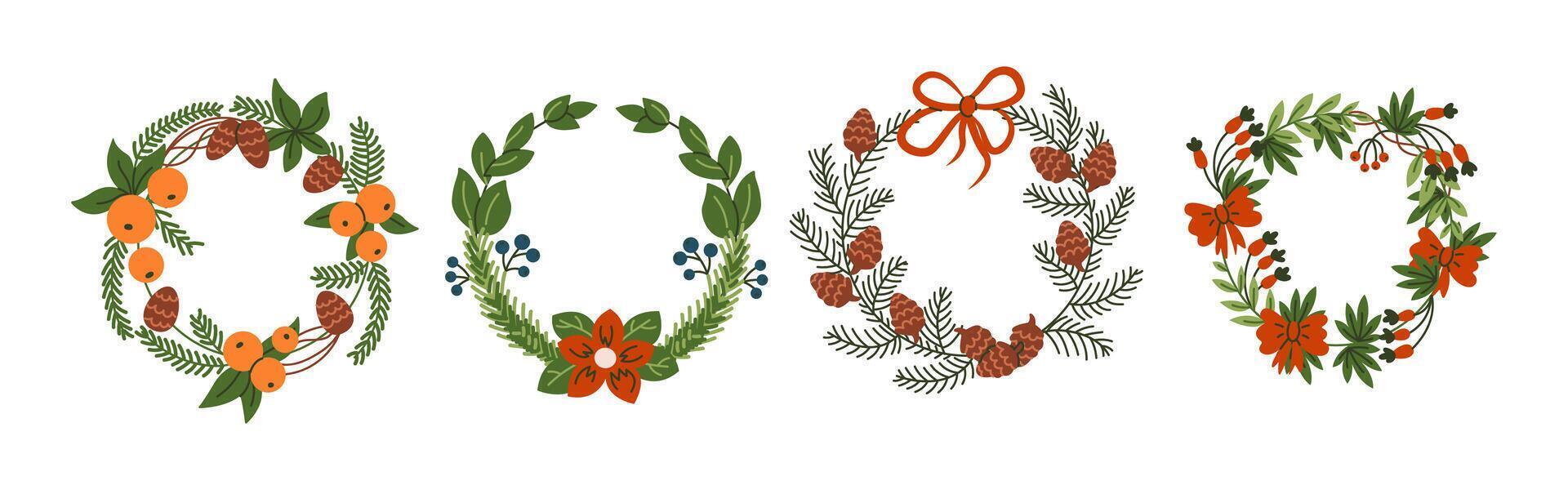 Festive New Year wreaths flat color object set. Seasonal home decor for winter holidays illustration bundle on white background vector