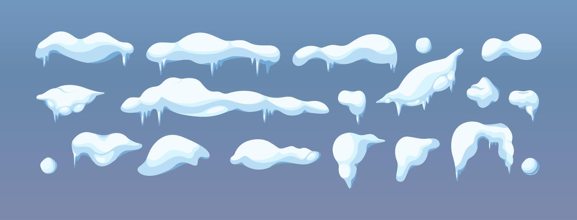 Snow caps snowballs and icicles flat color objects set. Christmas holiday decorations illustrations bundle on blue background vector