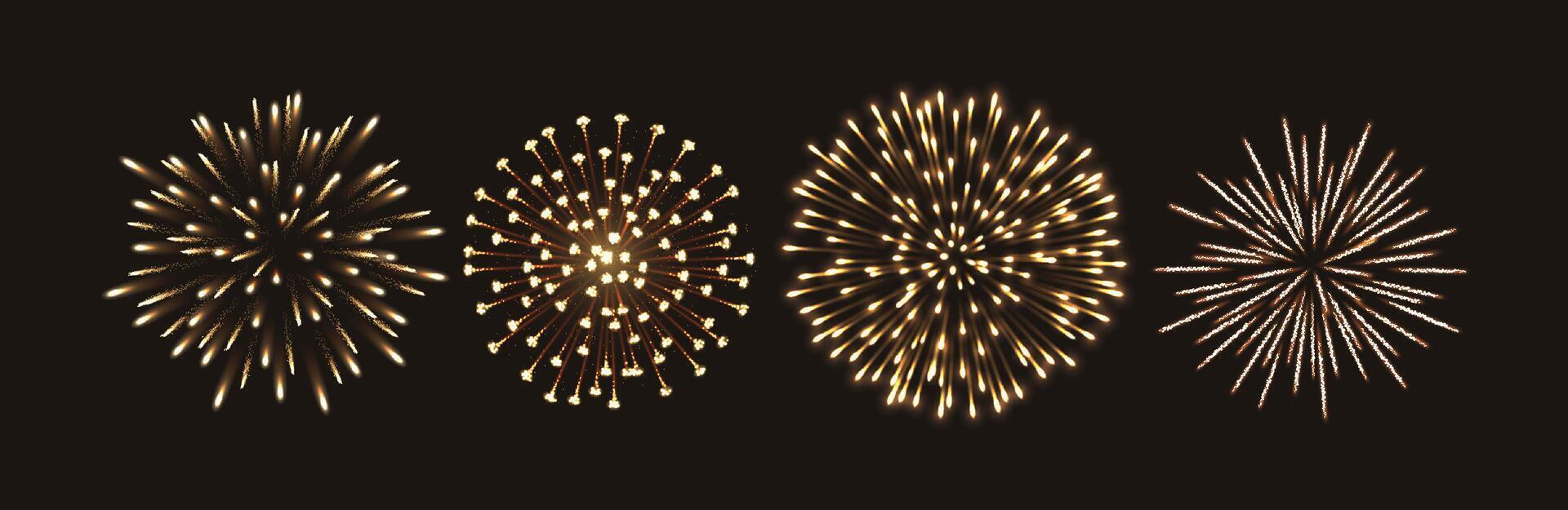 Dazzling golden fireworks bursts realistic color icons set. Dark night sky sparkling illumination display 3d objects on black background vector
