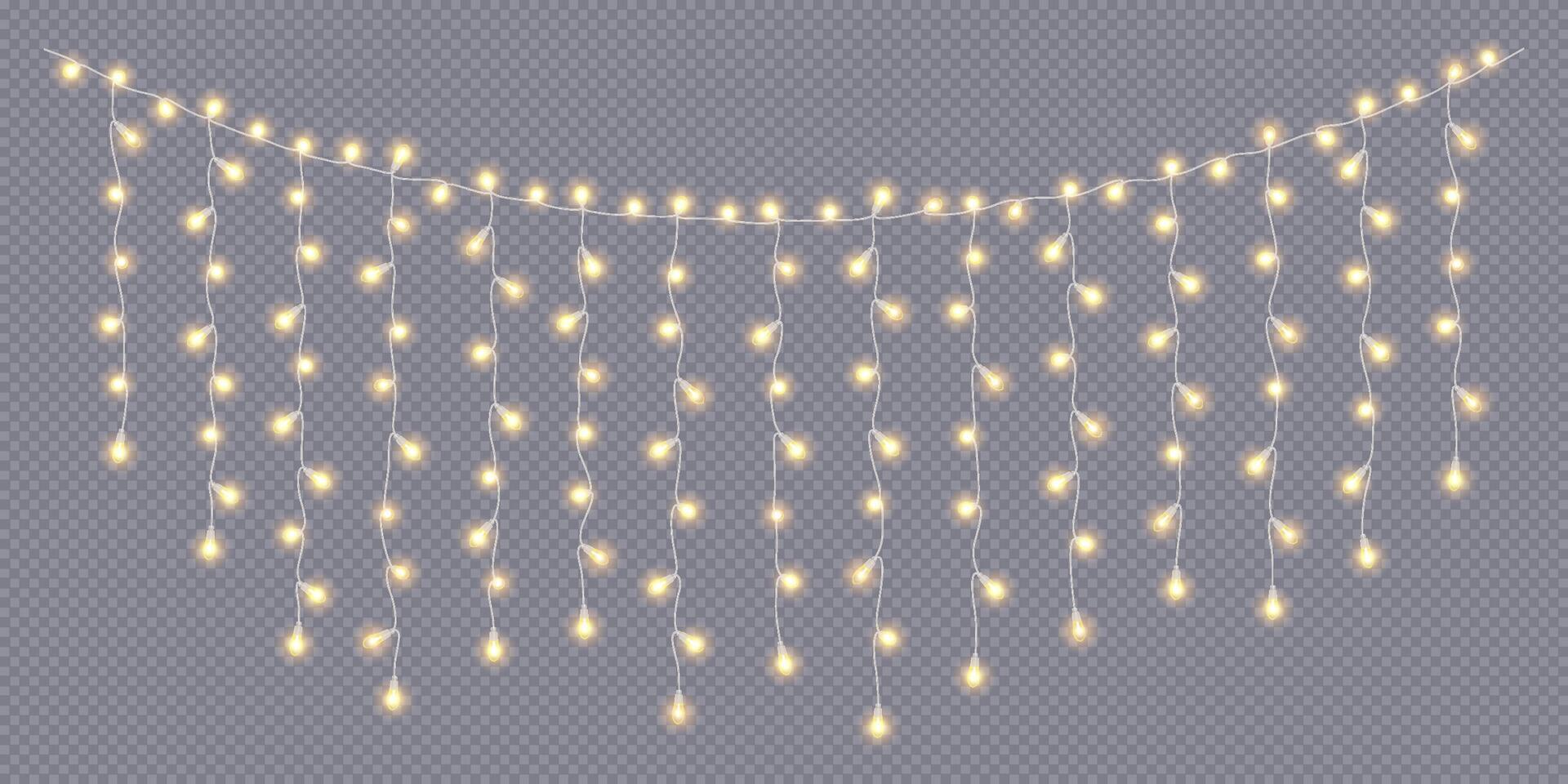 Christmas lights curtain hanging decor realistic icon. Illuminating garland at holiday party 3d object illustration on transparent background vector