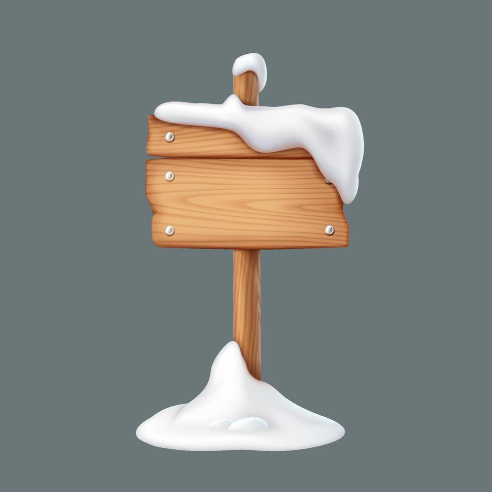 Winter wooden signpost with snow cap realistic illustration. Suggesting arrival of winter season and Christmas festivities 3d object on grey vector