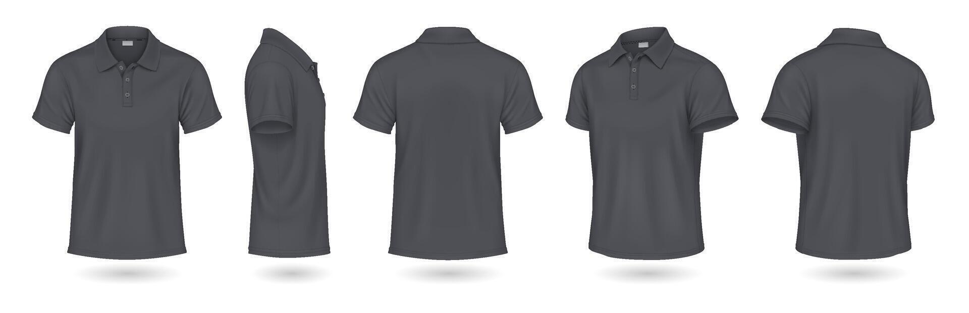 Polo t-shirts of black color mockup realistic illustrations set. Casual shirts for everyday life template 3d model on white background vector