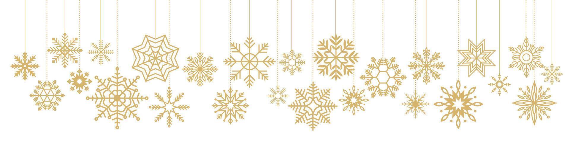 Golden snowflakes of various shapes and sizes flat color objects set. Festive atmosphere of Christmas illustrations bundle on white vector