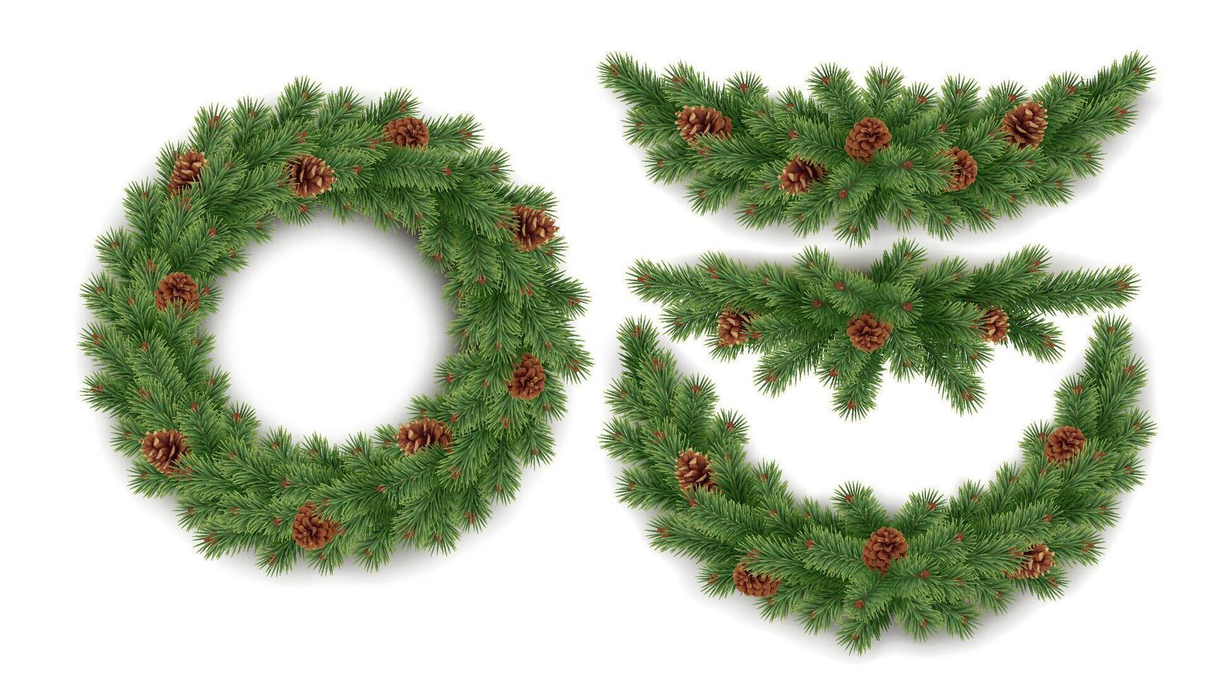 Wreath and garlands of fir branches realistic icons set. Christmas craft ornaments of natural materials 3d objects illustrations on white vector
