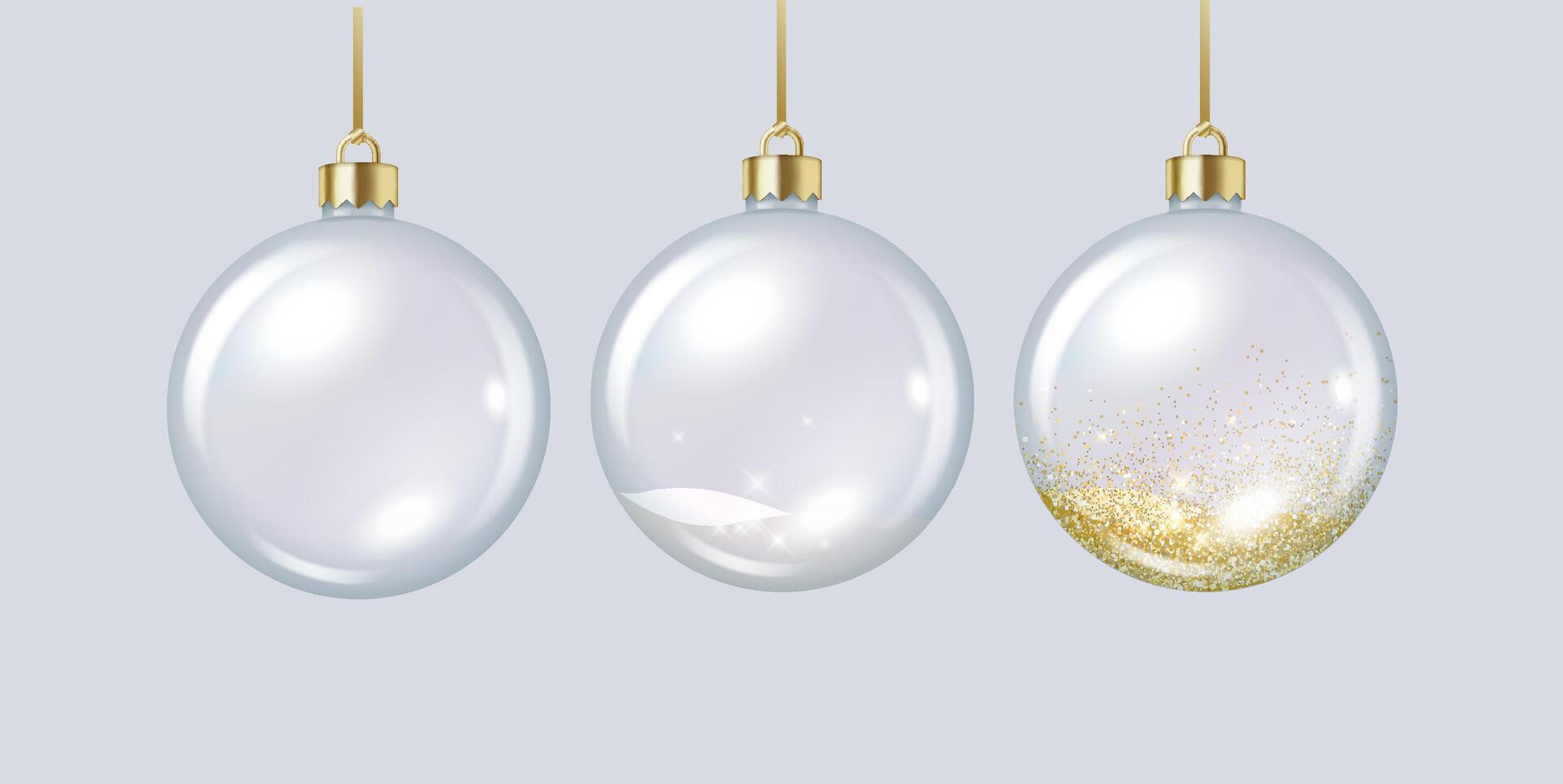 Clear glass baubles balls with glitter sand realistic color icons set. Shiny Christmas tree spherical ornaments 3d objects illustrations on white vector