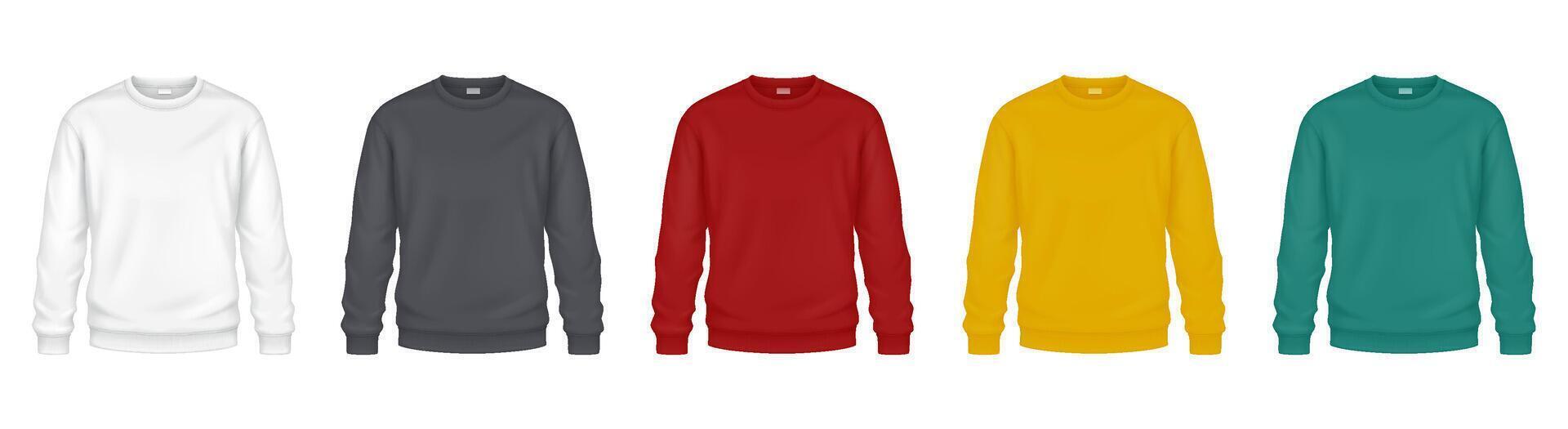 Colorful sweatshirts for autumn mockup illustrations set. Soft clothes from warm fleece fabric template 3d model on white background vector