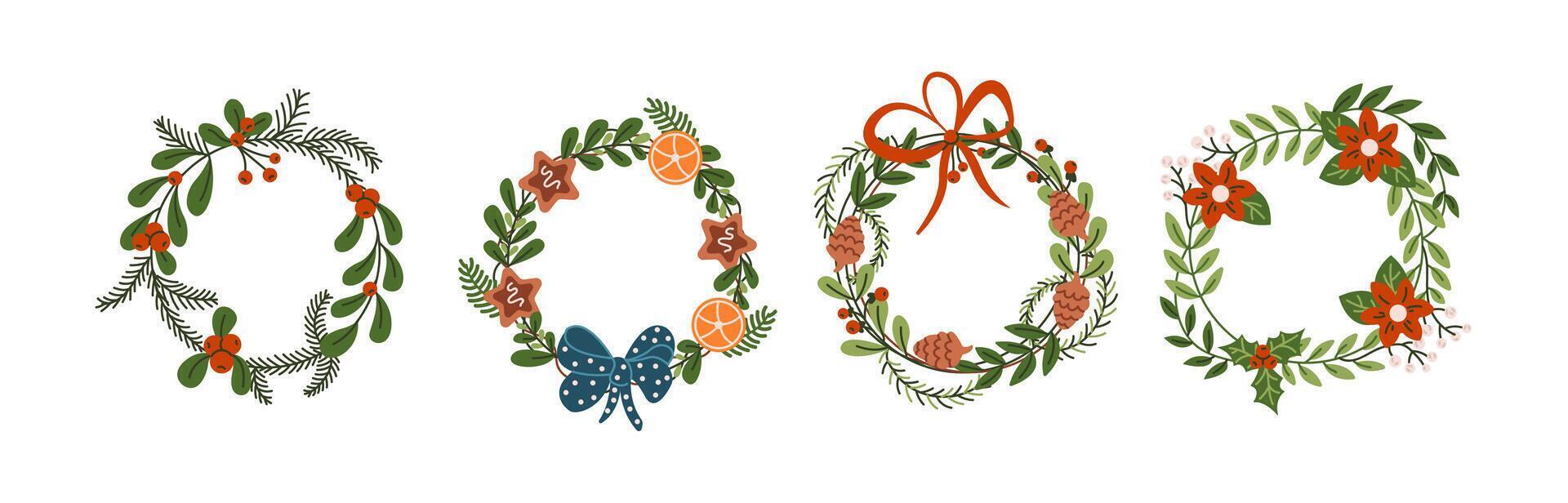 Craft Christmas wreathes flat color objects set. Traditional new year holiday celebration garlands illustrations bundle on white background vector