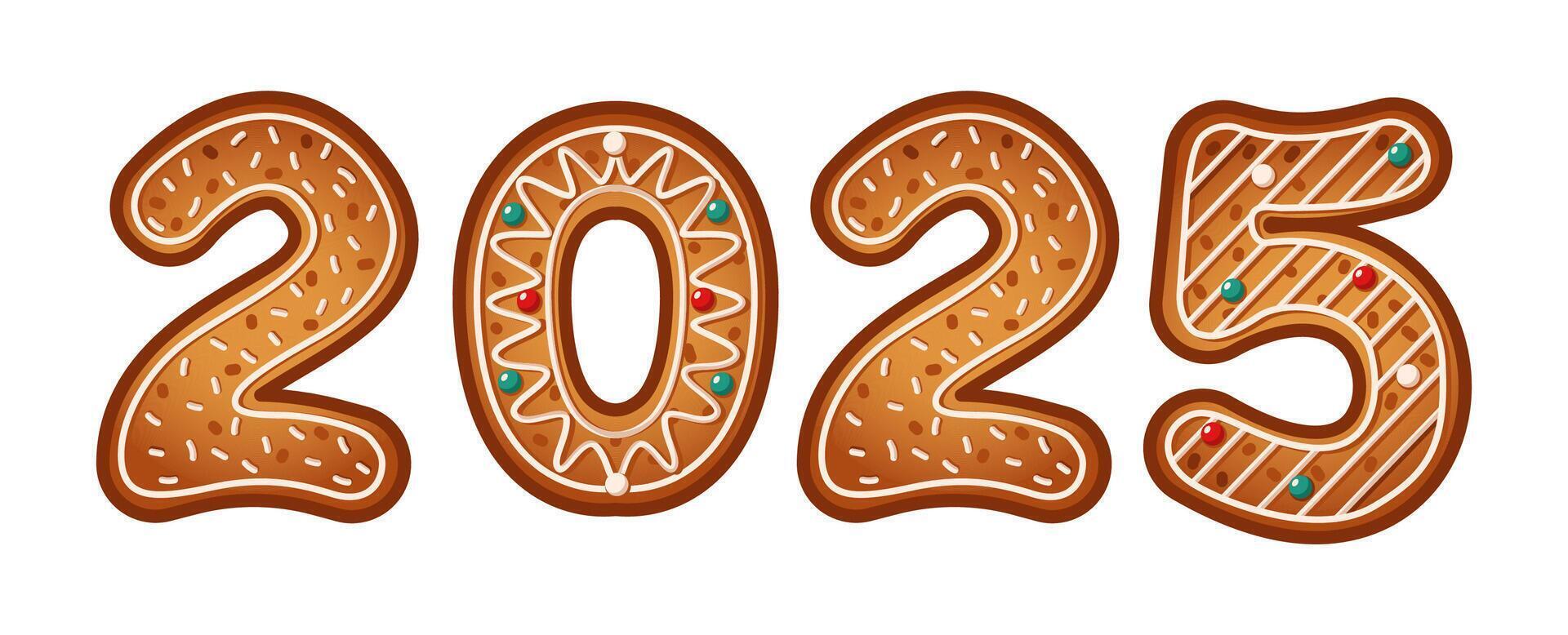 Number 2025 made of gingerbread cookies flat color objects. New Year biscuits with icing and sprinkles illustration on white background vector