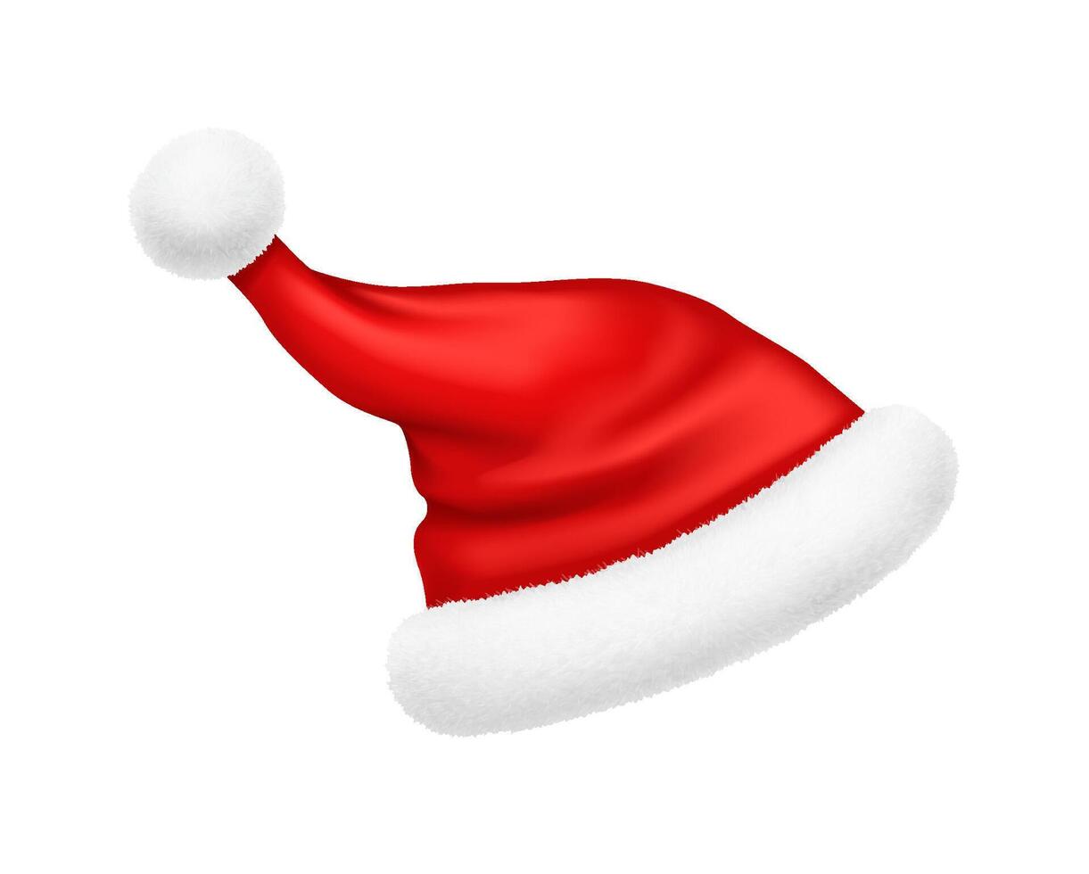 Vivid Santa Claus red hat with raised pompom realistic illustration. Happy new year holiday traditions 3d model on white background vector