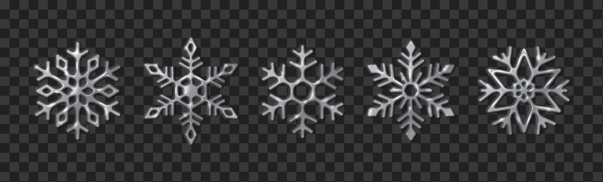 Metallic silver snowflakes shining realistic color icons set. Elegant festive Christmas winter atmosphere 3d objects on black background vector