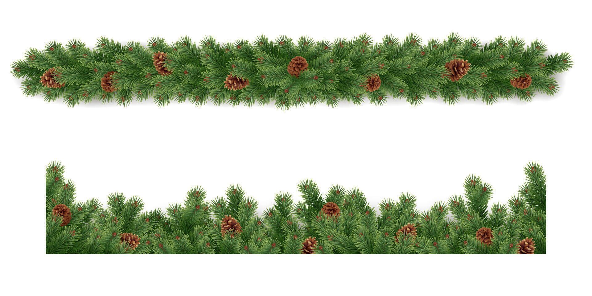 Evergreen plant twigs garlands realistic icons set. Holiday craft decorations of natural materials 3d objects illustrations on white vector