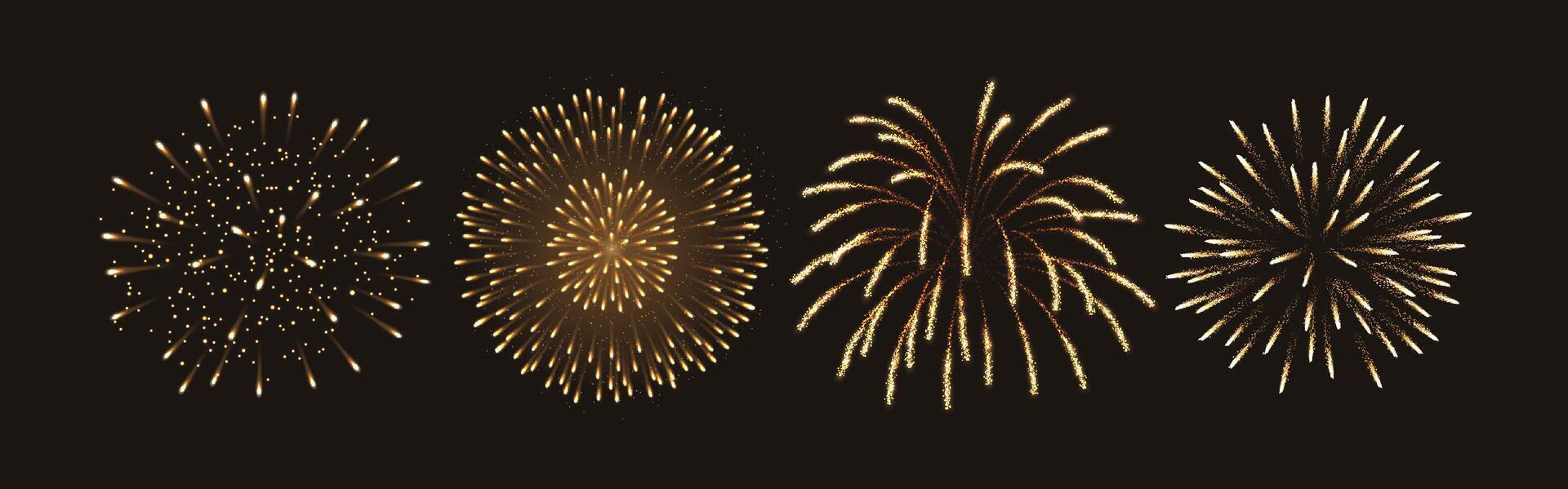 Fantastic golden fireworks explosion realistic color icons set. Festive atmosphere of special occasions celebration 3d objects on black background vector