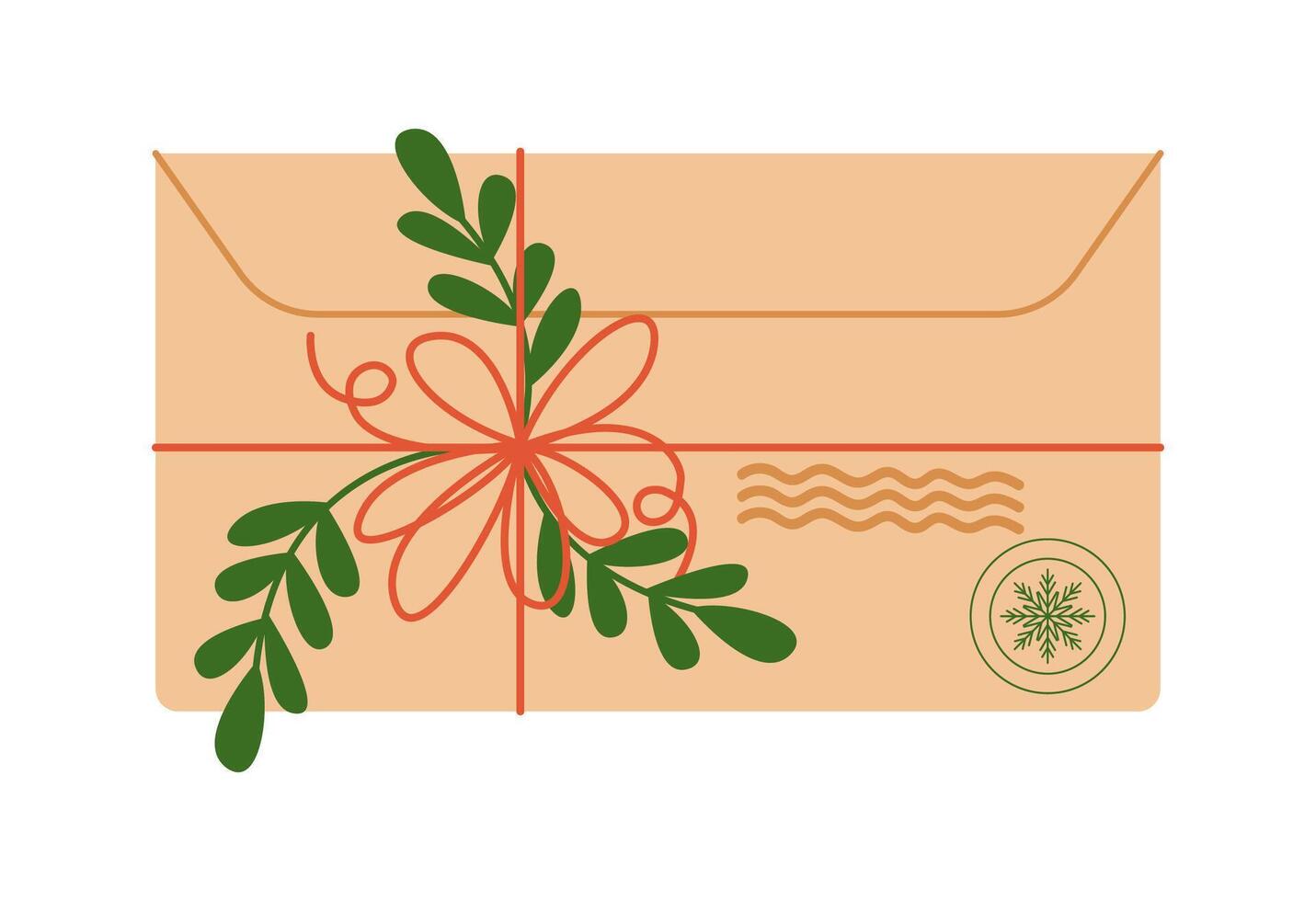 Christmas envelope with green leaves and red bow flat color object. Festive package for congratulation letter illustration on white background vector