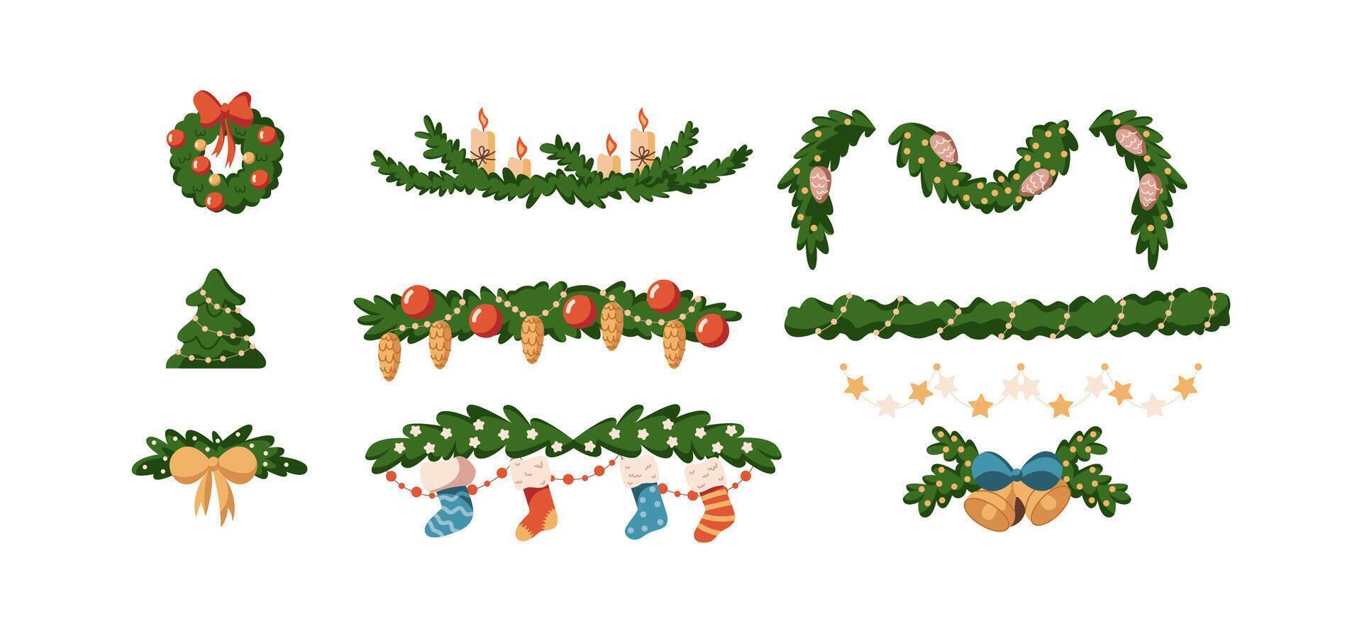 Christmas garlands with socks bells and fir branches flat color objects set. Holiday season decor illustrations bundle on white background vector