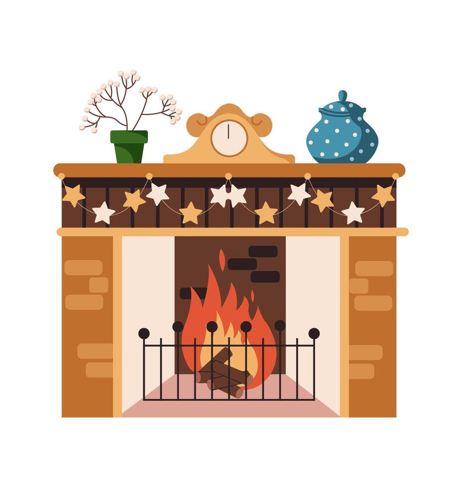 Fireplace with grate adorned with star garland and Christmas festive decor flat color object. Winter holiday atmosphere illustration on white background vector