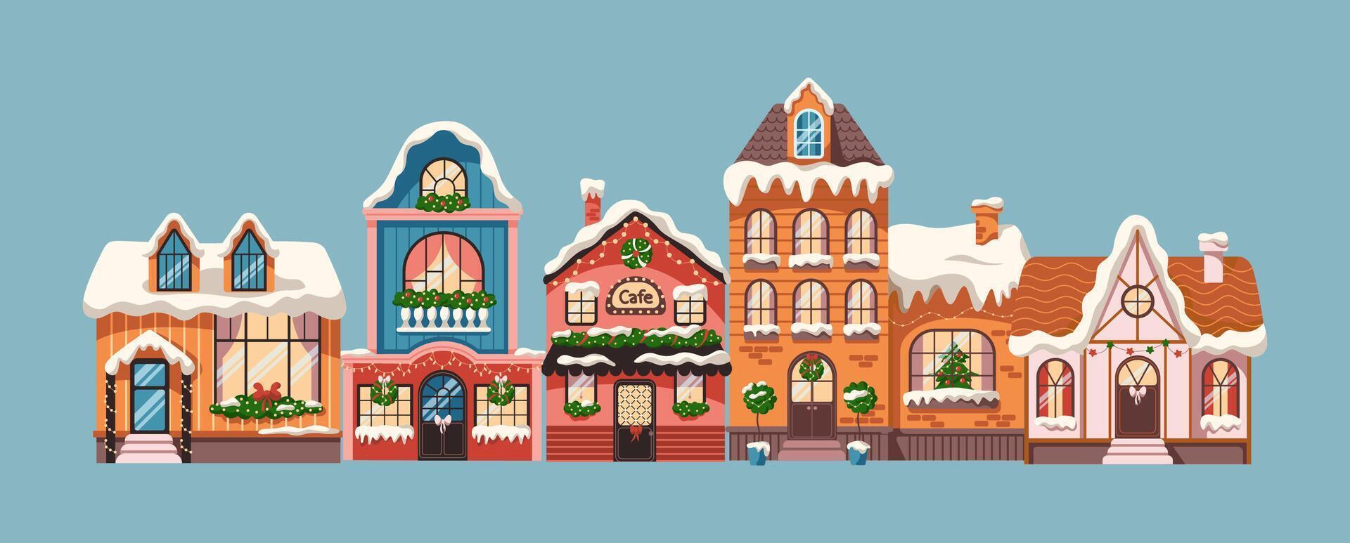 Dreamlike winter village houses in winter flat color illustration. Christmas building with decorated facades cartoon composition on blue vector