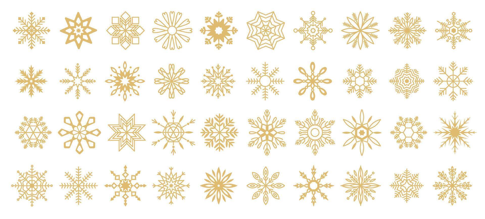 Golden snowflakes winter festive pattern linear icons collection. Christmas and new year decorations objects set on white background vector