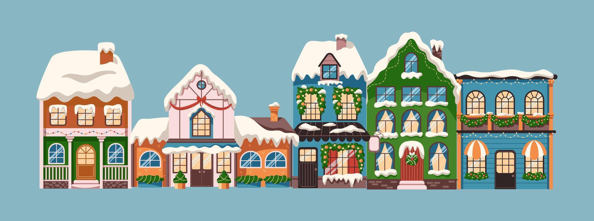 Charming winter buildings with snow on roofs flat color illustration. Houses with New Year ornaments cartoon composition on blue vector