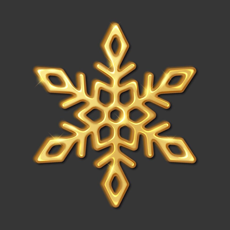 Golden snowflake shining realistic illustration. Happy winter holidays touch of luxury and elegance 3d object on black background vector