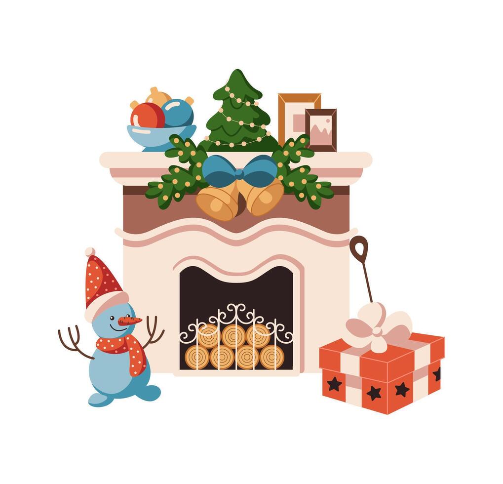 Festive fireplace with decorated Christmas tree on mantelpiece flat color object. Cozy seasonal ambiance illustration on white background vector